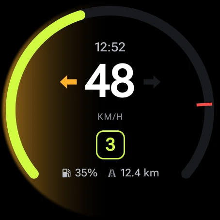 The watch ride screen, with the left indicator glowing