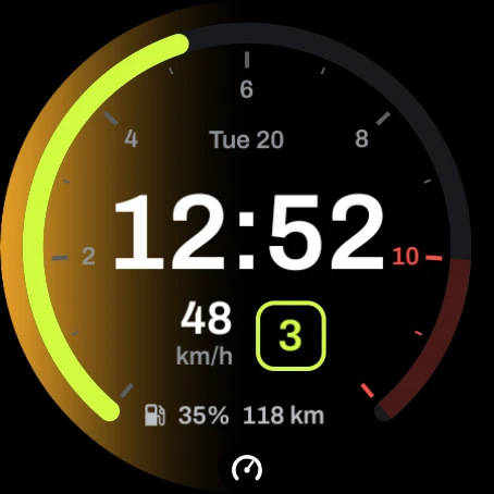 The Twistgrip watch face with the left indicator glowing at the edge of the dial