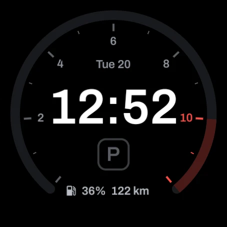 The watch face while parked, showing P with fuel and range