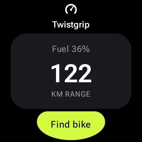 The Twistgrip tile with fuel, range and Find bike